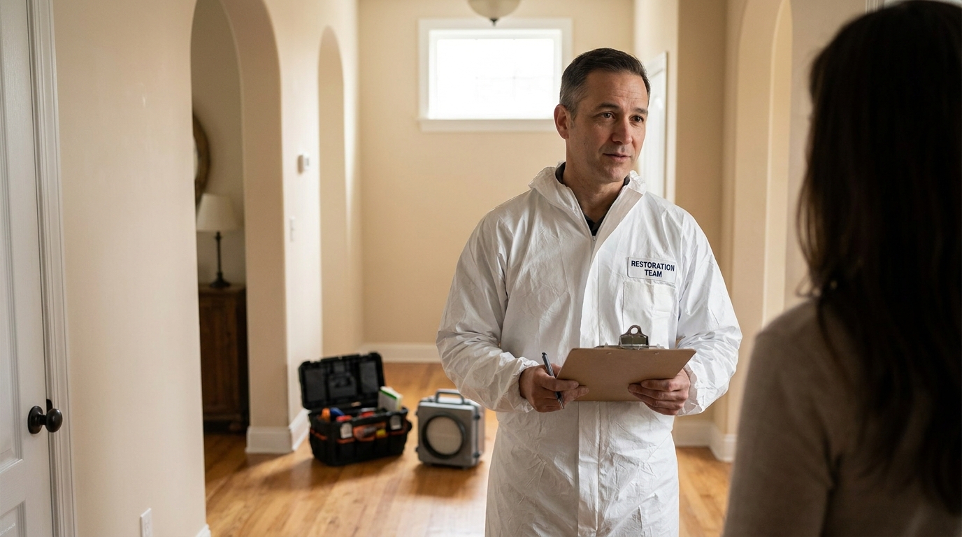 Crime scene cleanup technicians in PPE discreetly restoring a San Antonio home