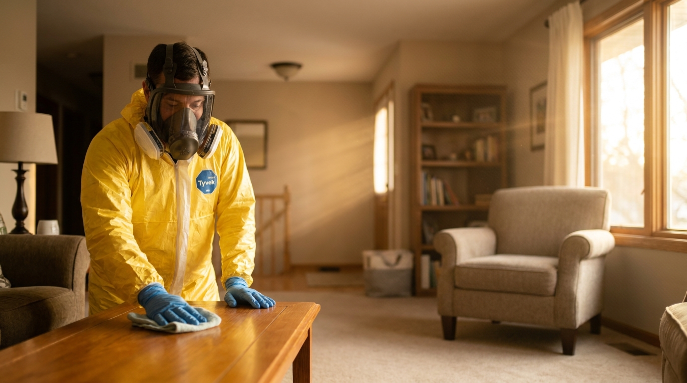 Biohazard cleanup technician gently restoring a warm San Antonio family home